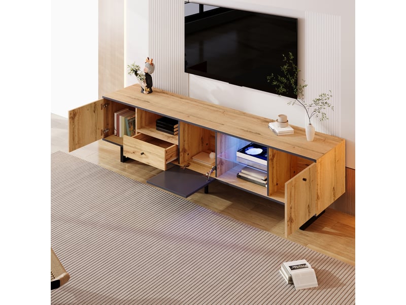  Meuble tv 190x40x50 cm avec 3 portes, 3 niches, tiroir et led intégrées, panneau de particules, bois naturel et anthracite  - Conforama W