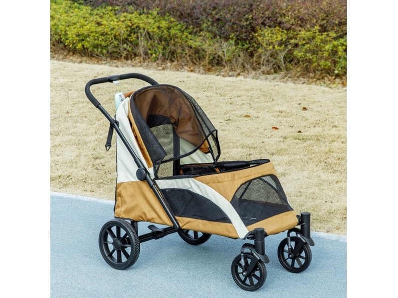  Poussette pliable pour enfant 124 x 67 x 100 cm – marron – 4 roues, frein et laisses de sécurité  - Conforama D