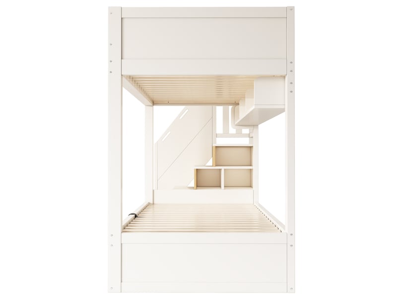  Lit superposé enfant 90x200 cm blancnaturel, escalier rangement, garde-corps, 2 sommiers, gain de place  - Conforama E