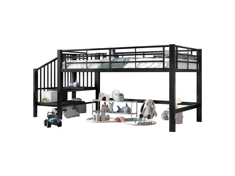  Lit mi-hauteur 90 x 200 cm avec escalier de rangement intégré, structure en métal noir pour chambre d'enfant  - Conforama A