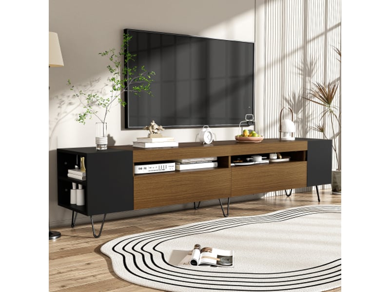  Meuble tele haut 180 cm style moderne, combinaison noir et grain de bois 180 l x 36 l x 43 h  - Conforama B