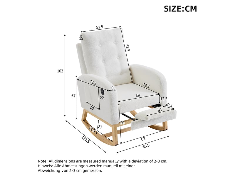 Fauteuil à bascule 66,5 x 121,5 x 102 cm blanc en bouclé, repose-pieds extensible et ports usb latéraux - Conforama C