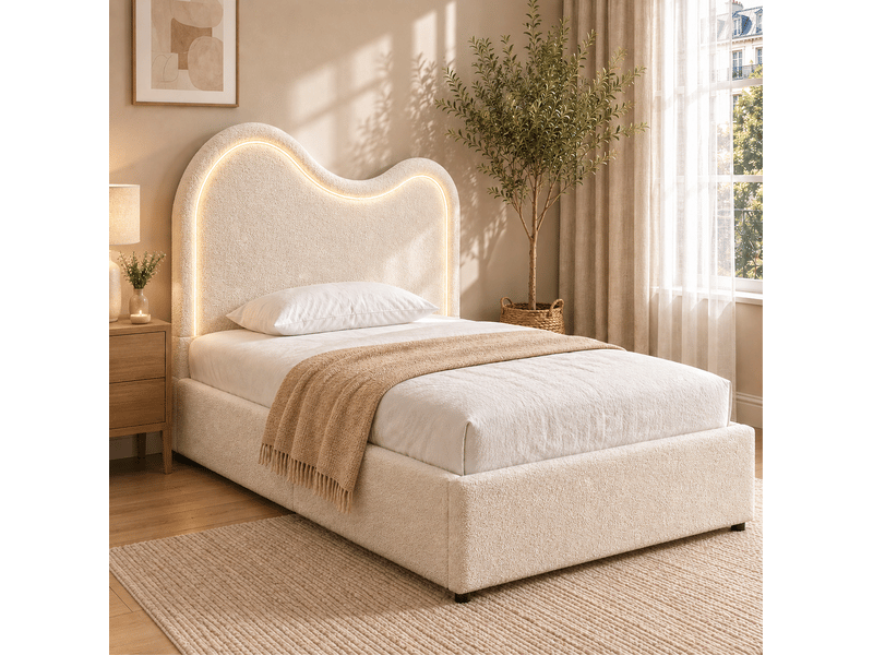  Lit enfant 90x200 cm en bouclé blanc avec rangement hydraulique et sommier  - Conforama D