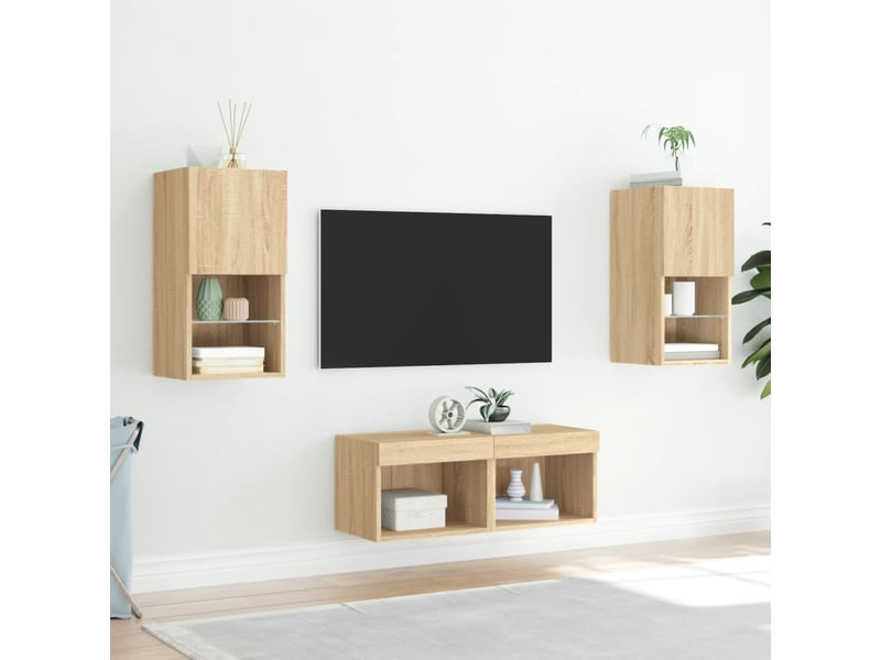 Meuble tv - banc tv - meuble de rangement muraux 4 pcs avec lumières led chêne sonoma  - Conforama D