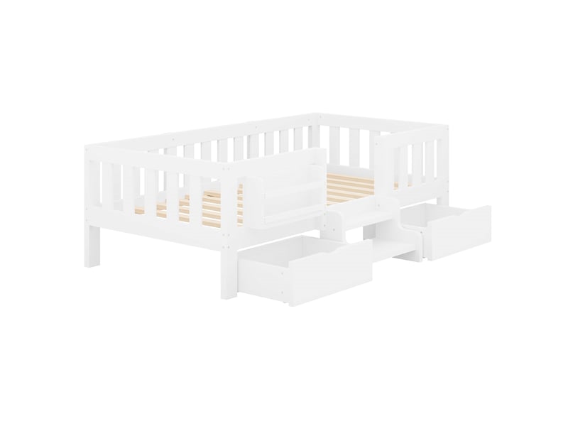  Lit enfant 90x200 cm avec 2 tiroirs, garde-corps, bibliothèque et escalier à 2 marches blanc Fay Lum - Conforama D
