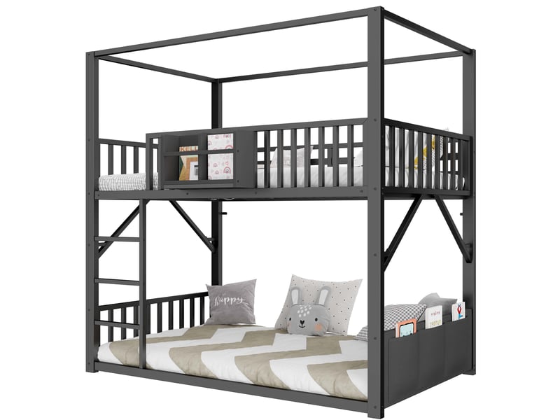 Lit superposé enfant 90x200 cm en métal noir avec toit et rangements - Conforama A