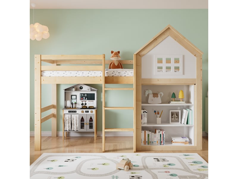  Lit mezzanine cabane enfant 90 x 200 cm avec rangements, 3 tiroirs, escalier sécurisé, garde-corps, pin et mdf, blanc et effet bois naturel  - Conforama B