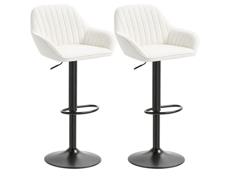  Ensemble de 2 tabourets de bar pivotants, hauteur réglable de 62 à 83 cm, revêtement en velours, dossier et repose-pieds, couleur crème.  - Conforama B