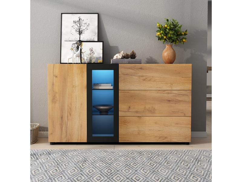  Buffet moderne 140 cm avec éclairage led, meuble vitrine noir et marron, 3 tiroirs, 1 porte et étagères en verre réglables  - Conforama D