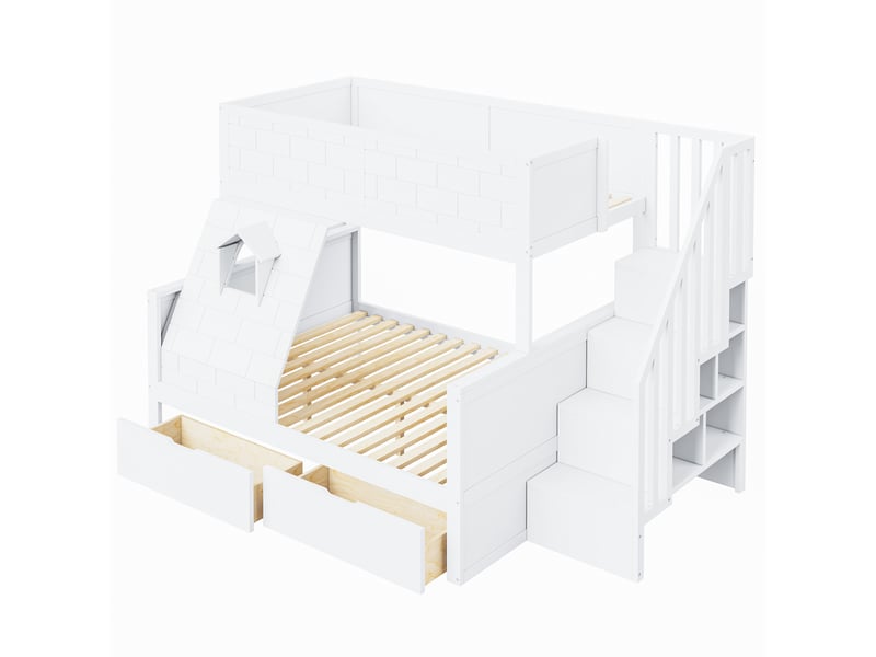  Lit étagé en bois 90 x 200 cm et 140 x 200 cm blanc, échelle sécurisée, tiroirs et fenêtre décorative  - Conforama A