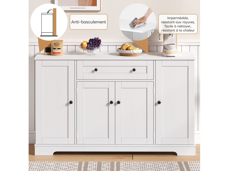  Buffet de cuisine multifonction en mdf blanc – 138 x 40 x 85 cm – 1 tiroir et 4 portes  - Conforama E