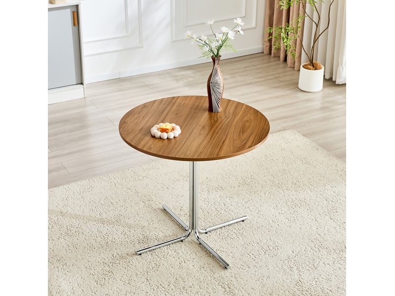  Table à manger ronde 85 cm en mdf noyer, piètement métal chromé argenté  - Conforama B
