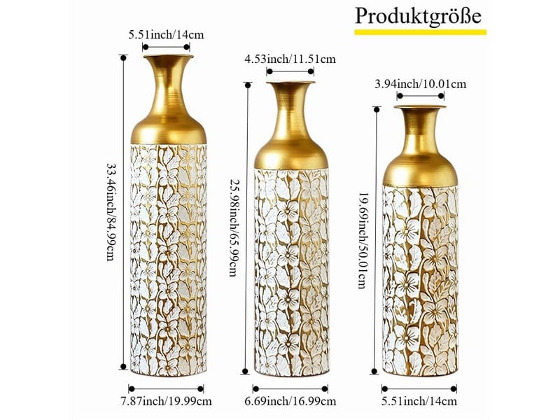  Lot de 3 vases de sol 506685 cm – doré et blanc – métal à motif floral, décoration art déco élégante  - Conforama C