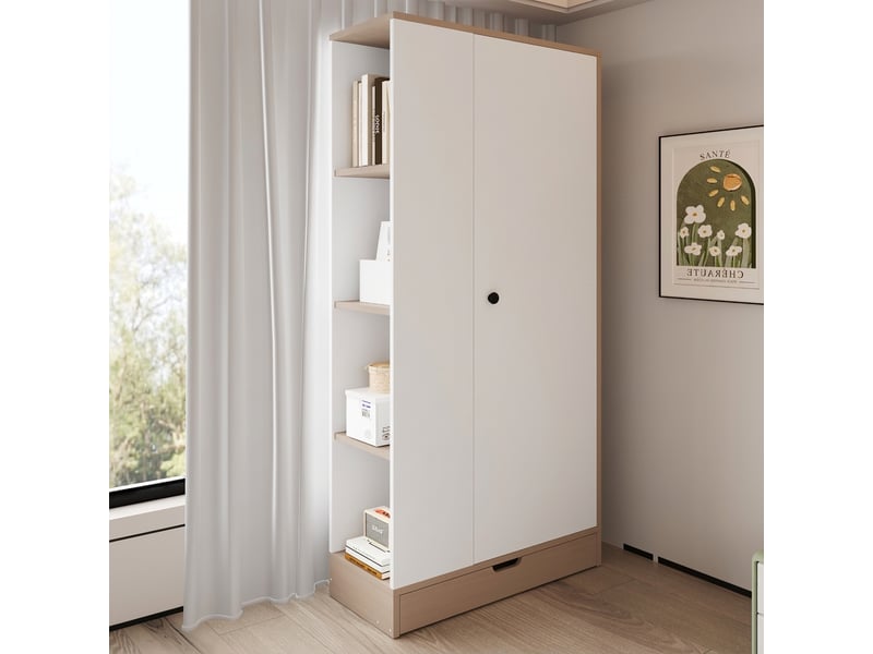  Armoire 1 porte blanche et bois naturel 70x40x170 cm avec étagères et tiroirs, meuble de rangement chambre  - Conforama B