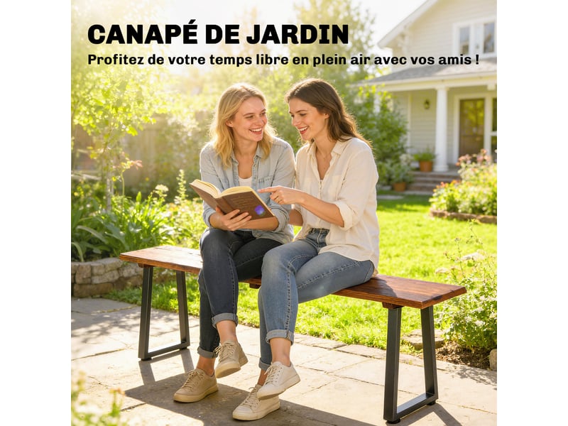  Banc de jardin en bois sans dossier en bois, pieds trapézoïdaux en acier, 2 places à effet bois, 150x28x48cm, carbonisé  - Conforama E
