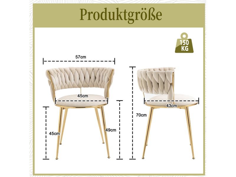  Lot de 2 chaises 57x43x70cm salle à manger, assise en velours, ivoire, dossier ajouré ergonomique, pieds métal doré  - Conforama C