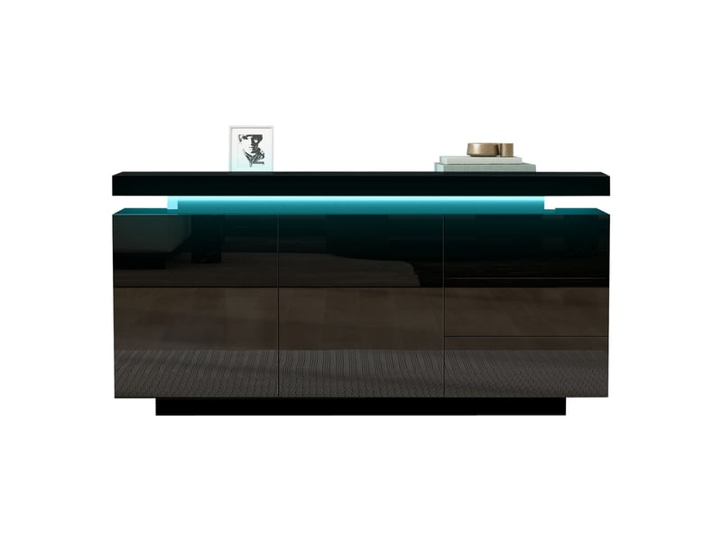  Buffet de cuisine haut noir brillant 140x72.5cm, 2 portes et 3 tiroirs, meuble rangement moderne sans poignées pour salon ou entrée  - Conforama D