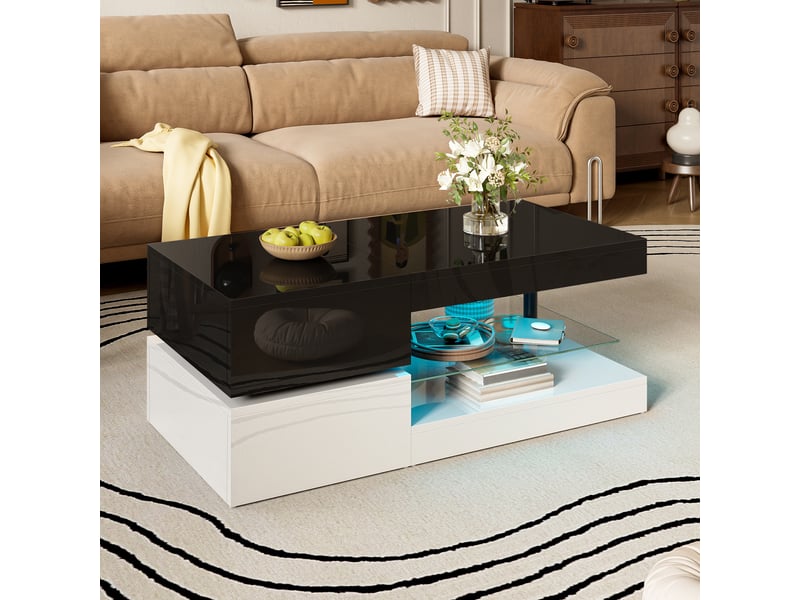Table basse 90x45x35,5 cm avec led par application, niche et tablette en verre, panneaux de particules brillants, noir et blanc ABC - Conforama E