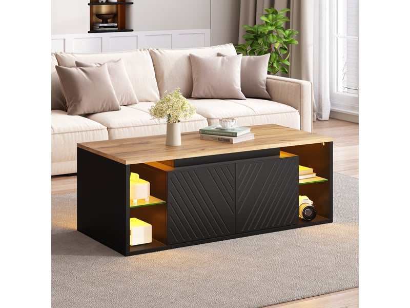 Table basse 100x50x41 cm avec led via appli, 2 portes, rangements semi-ouverts, façades à motif diagonal, noir et effet bois, pour salon - Conforama B