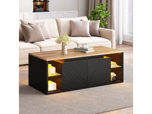 Table basse 100x50x41 cm avec led via appli, 2 portes, rangements semi-ouverts, façades à motif diagonal, noir et effet bois, pour salon