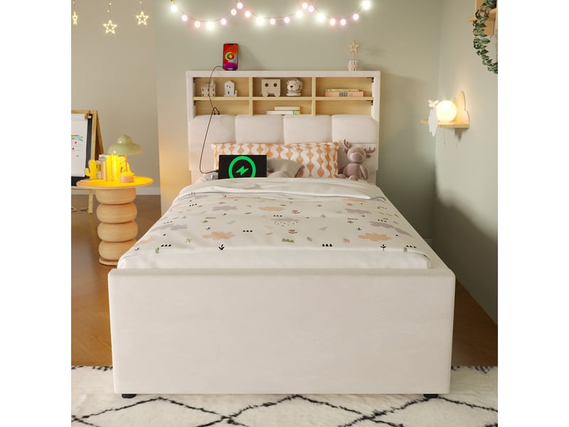  Lit pour enfant 90 x 200 cm – avec lit gigogne – avec port usb-c – velours – beige (matelas non inclus)  - Conforama D