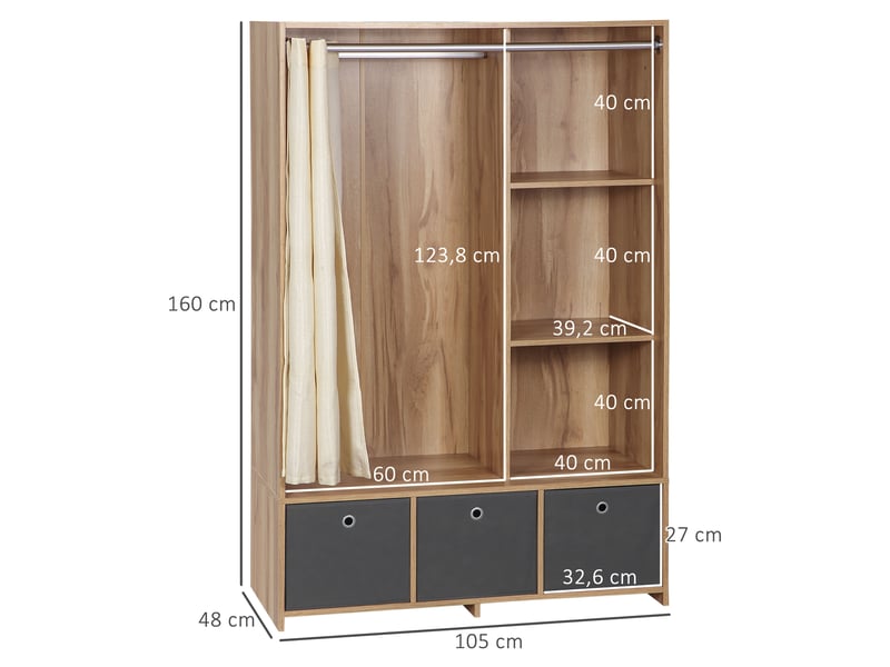  Armoire penderie avec rideau et 3 tiroirs en tissu 105 x 48 x 160 cm  - Conforama C