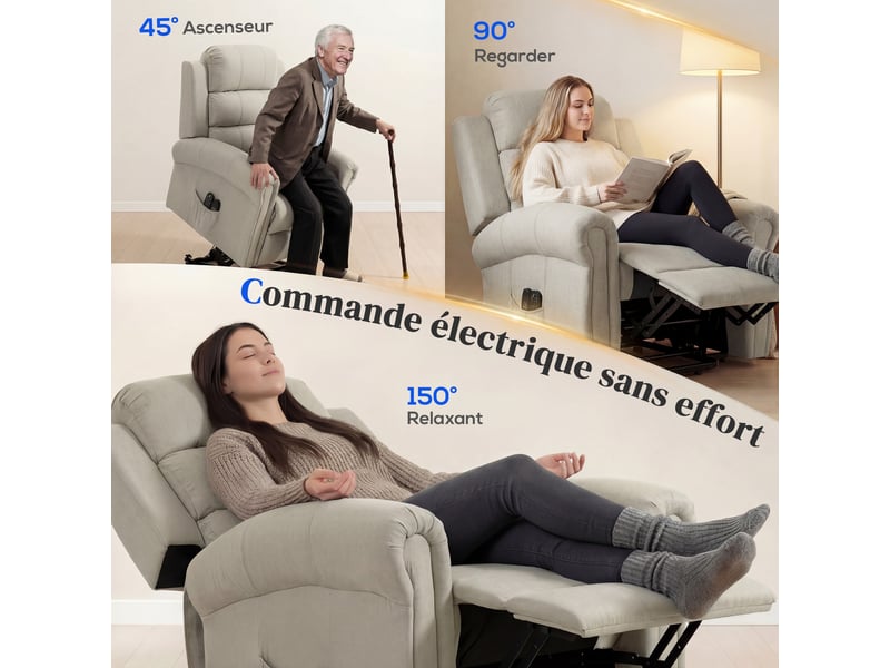  Fauteuil releveur relax électrique massant chauffant tissu beige 87x87,5x108 cm  - Conforama D