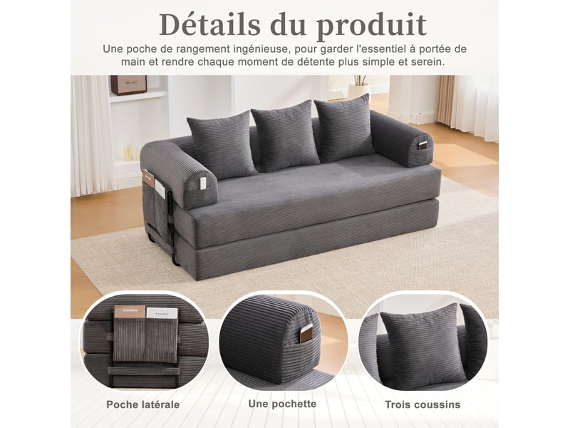 Canapé convertible 200x94x67 cm avec accoudoirs et poches, 3 coussins, structure en métal, velours côtelé, gris foncé - Conforama D