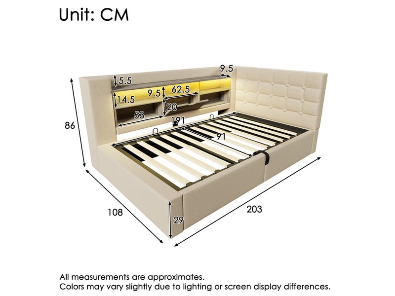  Lit coffre 90x190 cm, rangement hydraulique, led intégrée, prises usb, tête en l, lin, bois, métal, beige, sans matelas  - Conforama C