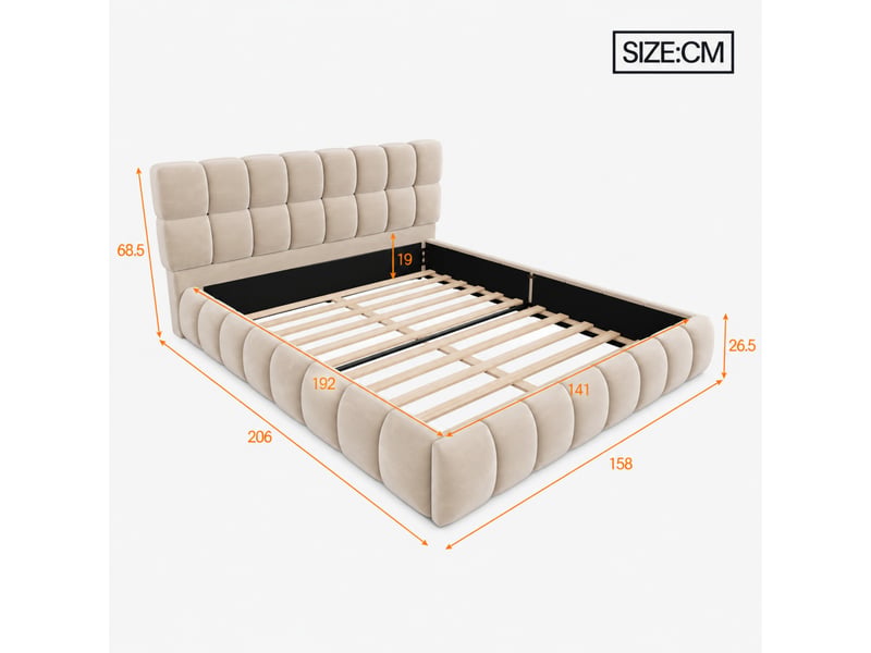  Lit capitonné 140x190 cm avec dossier rembourré, cadre bas et contour matelassé en velours, sans matelas, beige  - Conforama C