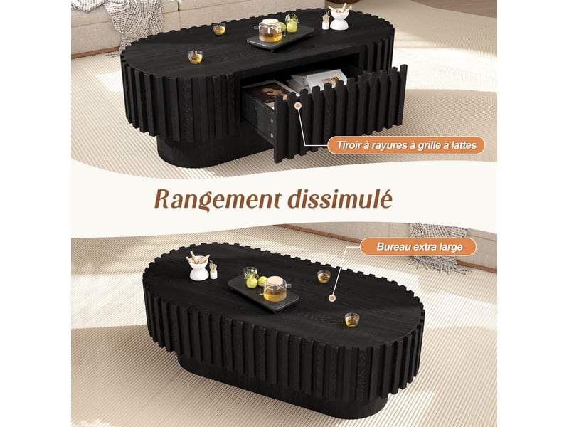  Table basse de salon ovale 100x50x35,5 cm avec tiroir en mdf, coloris noir, décor à bandes verticales, design moderne  - Conforama E