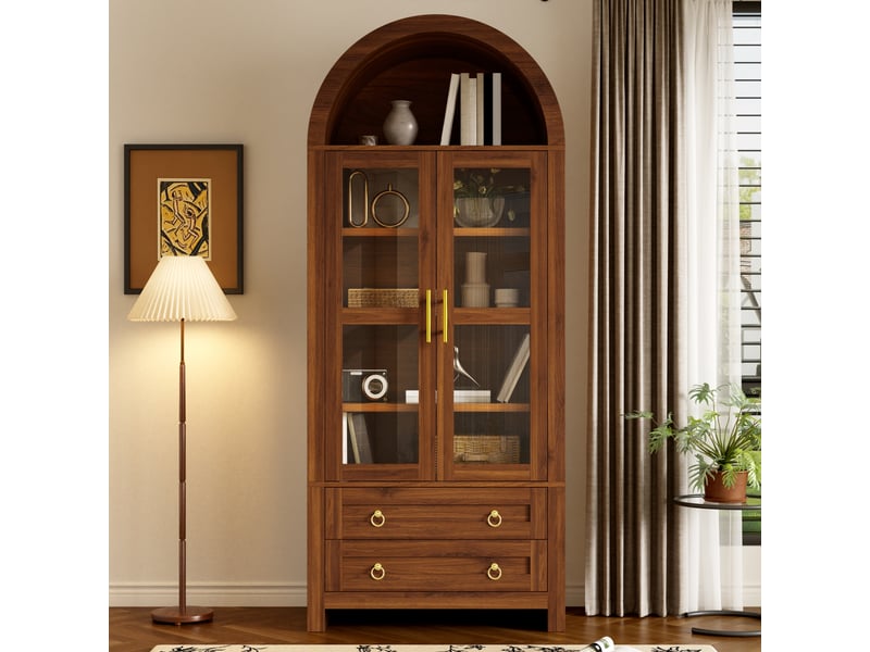  Vitrine haute 76 x 40 x 180 cm, 2 portes vitrées, 2 tiroirs, led, design arqué rétro, meuble de rangement pour salon, noyer ABC - Conforama B