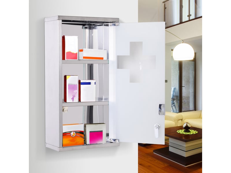  Armoire à pharmacie murale en acier inoxydable avec serrure, 3 étagères, 25 x 12 x 48 cm  - Conforama D