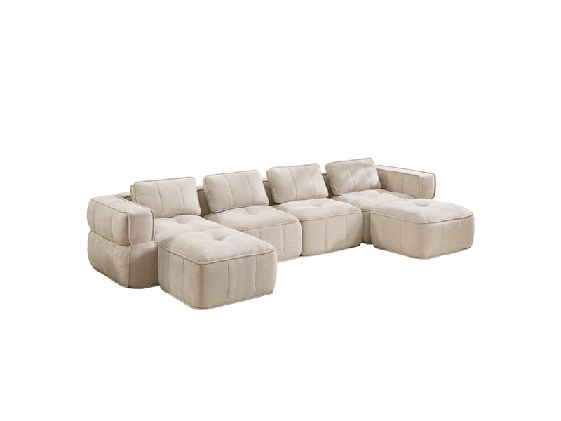 Canapé modulable en u 4 places beige avec 2 poufs, mousse haute densité 32d, tissu polyester doux, sans montage pour salon - Conforama W