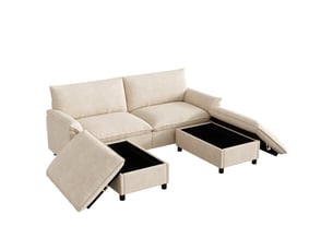 Canapé d'angle modulable, canapé en tissu chenille beige avec 2 poufs de rangement, assise profonde & lit d'appoint pour salon (216x77x82 cm)