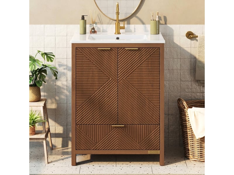  Meuble salle de bain sur pied 61 cm noyer avec vasque en céramique et façade ondulée  - Conforama B