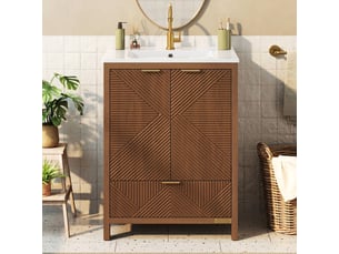 Meuble salle de bain sur pied 61 cm noyer avec vasque en céramique et façade ondulée