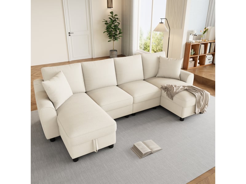 Canapé d'angle panoramique 4 places 280 x 137 x 84 cm en chenille avec 2 méridiennes coffres et 2 coussins - beige Fay Lum - Conforama D
