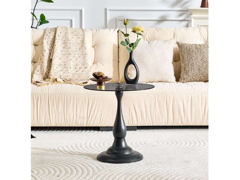  Table d'appoint ronde en verre trempé 50 cm, pied métal noir, hauteur 51,5 cm  - Conforama D