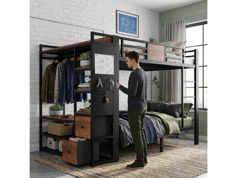  Lit superposé 120x200 cm - penderie, étagères, tiroirs et panneau perforé - métal et panneaux - noir et bois vintage CozyNest - Conforama E