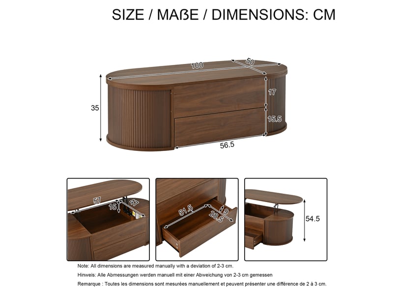  Table basse ovale relevable 100x50x35 cm - 1 tiroir - rangement dissimulé - mdf et panneaux de particules - noyer CozyNest - Conforama C