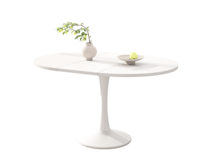 Table de salle à manger ovale extensible blanche 100 à 140 x 100 cm en mdf, style design pour repas conviviaux