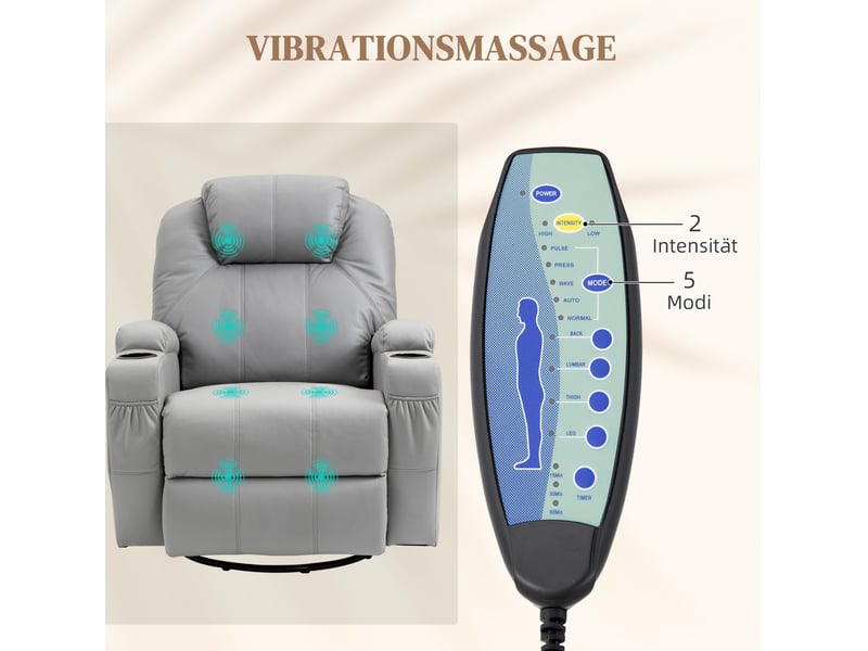  Fauteuil de massage inclinable manuel 8 points de vibration, 5 modes, pivotant 360 degrés, gris clair, charge maximale 150 kg  - Conforama D