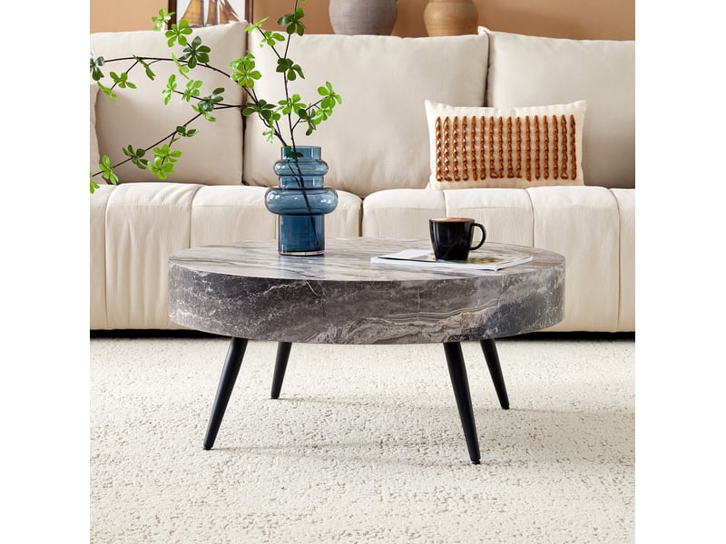  Table basse ronde 70 cm de diamètre, hauteur 35.5 cm, pieds réglables en mdf gris et métal noir  - Conforama C