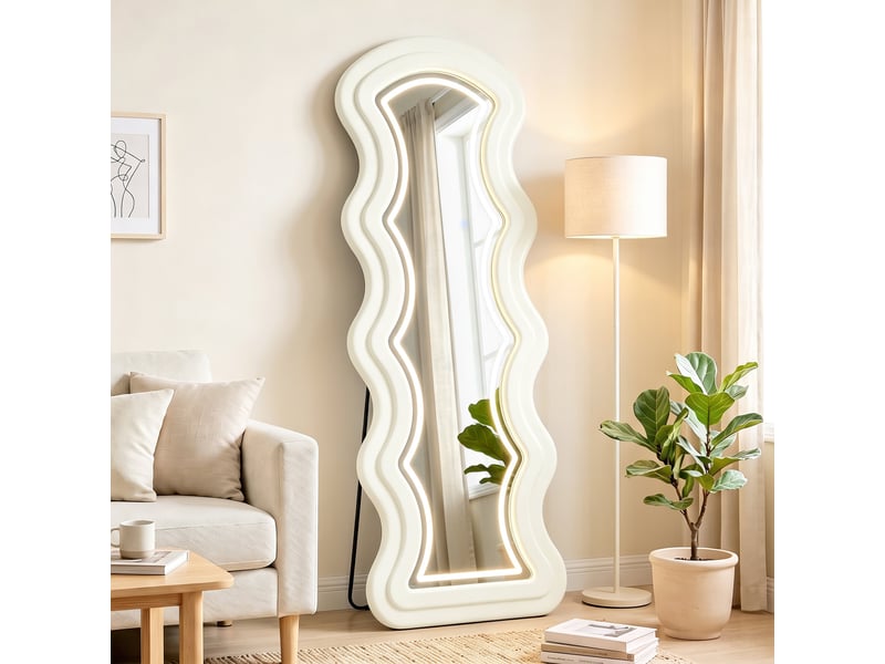  Miroir led ondulé pleine longueur 160x60cm 3 couleurs cadre effet velours crème  - Conforama E