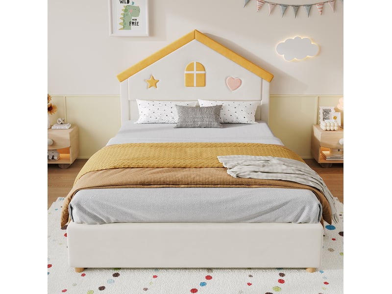 Lit enfant 140 × 200 cm avec 4 tiroirs, tête de lit cabane rembourrée en velours beige pour chambre d'enfant - Conforama E