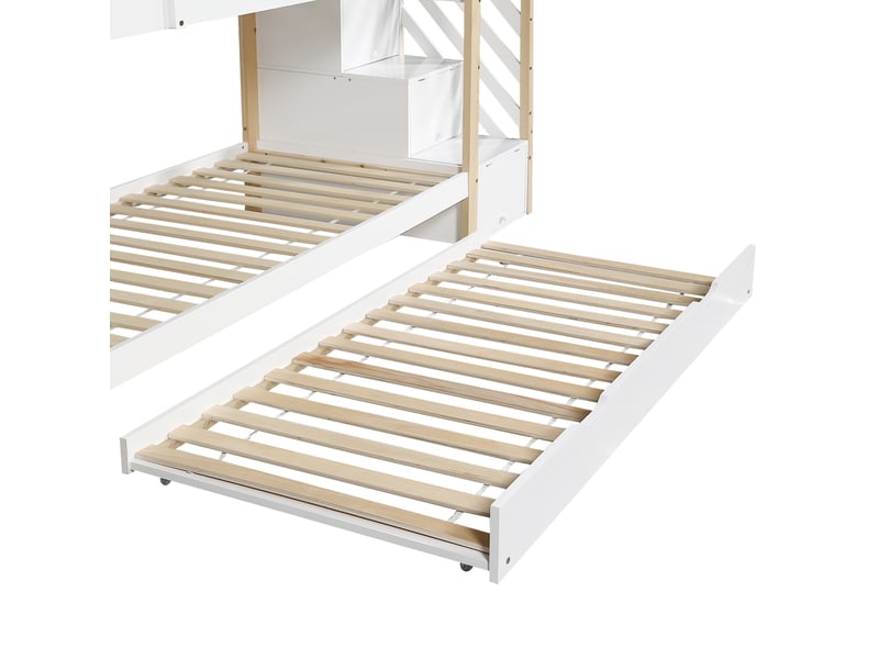  Lits superposés enfant avec lit gigongne, lit cabane 90x200 cm, tiroirs, sommiers, bois+mdf, blanc+naturel  - Conforama E