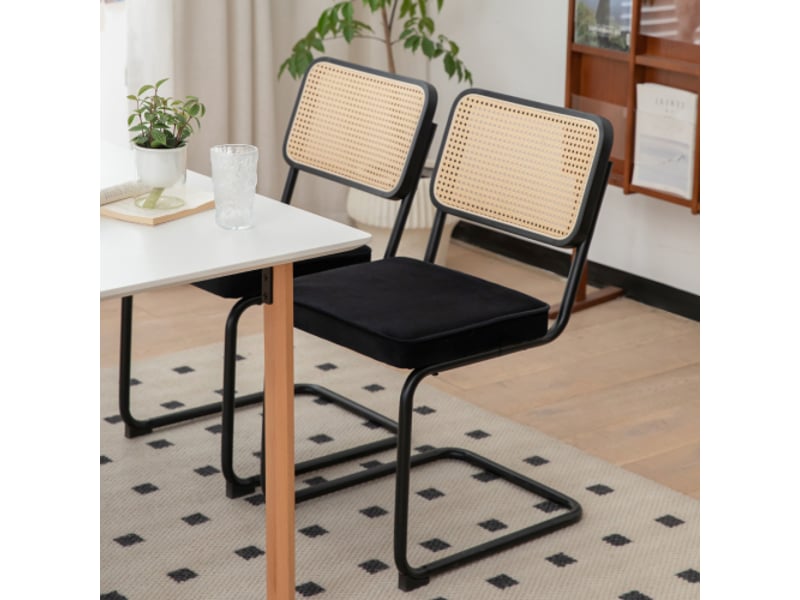  4 chaises salle à manger en velours et rotin - pieds chromés, style breuer mid-century, rembourrées, salon-cuisine  - Conforama E