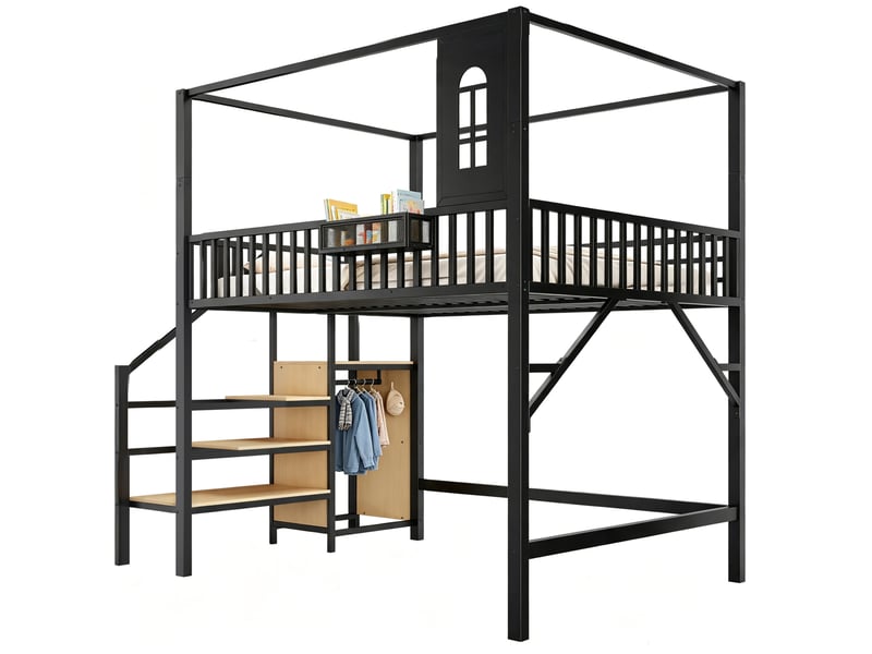  Lit mezzanine 140x200 cm, 250x145x222 cm, toit, escalier rangement, métal et mdf, noir et blanc, sans matelas  - Conforama A