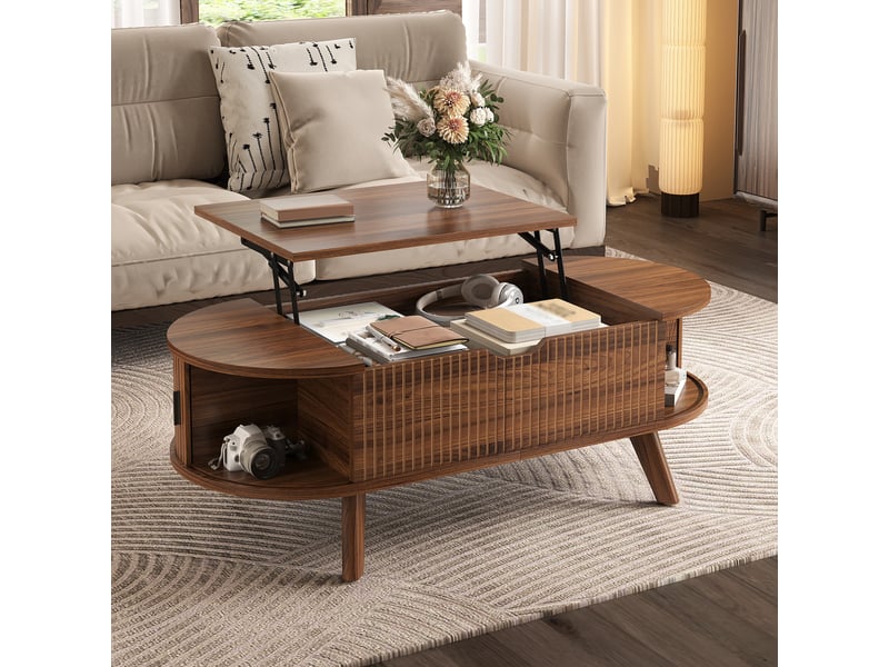  Table basse relevable ovale 110 x 50 x 53,5 cm avec plateau relevable, grand rangement caché et 2 portes coulissantes, mdf, noyer OMNIGLINT TRADING LTD - Conforama B